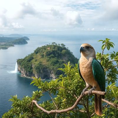 The primary subject of the image is a bird perched on a tree branch. The bird is standing on a branch with its feet firmly planted, and it appears to be looking at the camera. The setting is a lush green hillside with a body of water in the background. The visual style of the image is a photo, capturing the bird in its natural habitat. The colors and mood of the image are vibrant and serene, with the greenery of the hillside and the water creating a peaceful and